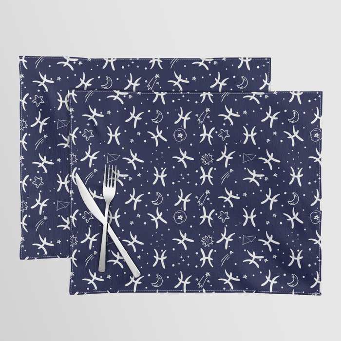 Blue And White Pisces zodiac hand drawn pattern Placemat