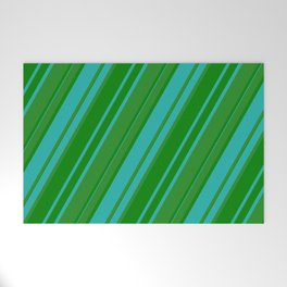 [ Thumbnail: Forest Green, Green & Light Sea Green Colored Pattern of Stripes Welcome Mat ]