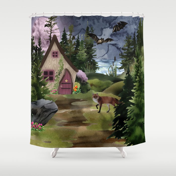 Dark Cottage: A full moon with bats and fox Shower Curtain