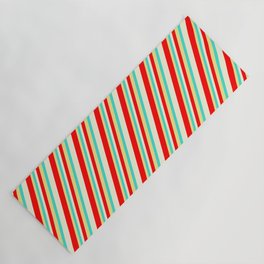 [ Thumbnail: Beige, Red, Tan, and Turquoise Colored Striped Pattern Yoga Mat ]