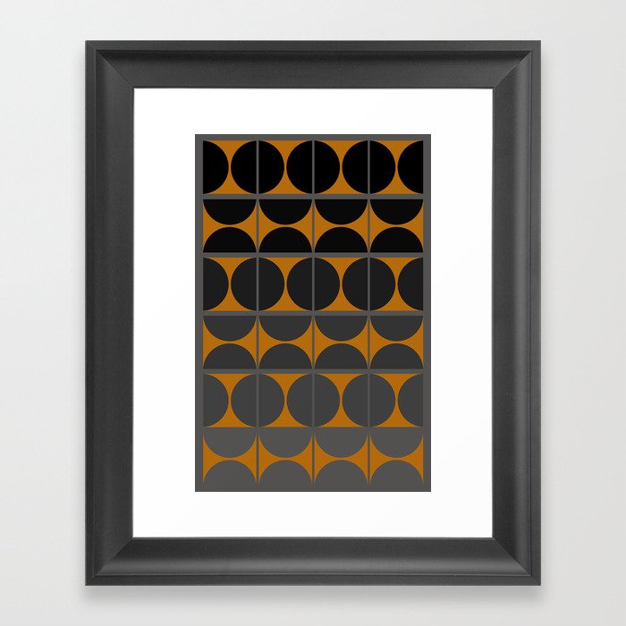 Black and Gray Gradient with Gold Squares and Half Circles Digital Illustration - Artwork Framed Art Print