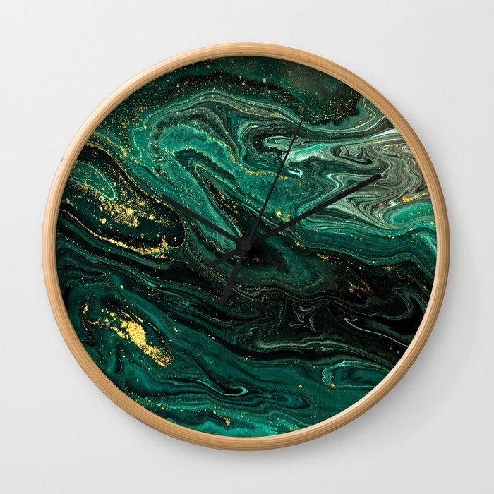 Abstract Pour Painting Liquid Marble Dark Green Teal Painting Gold Accent Wall Clock