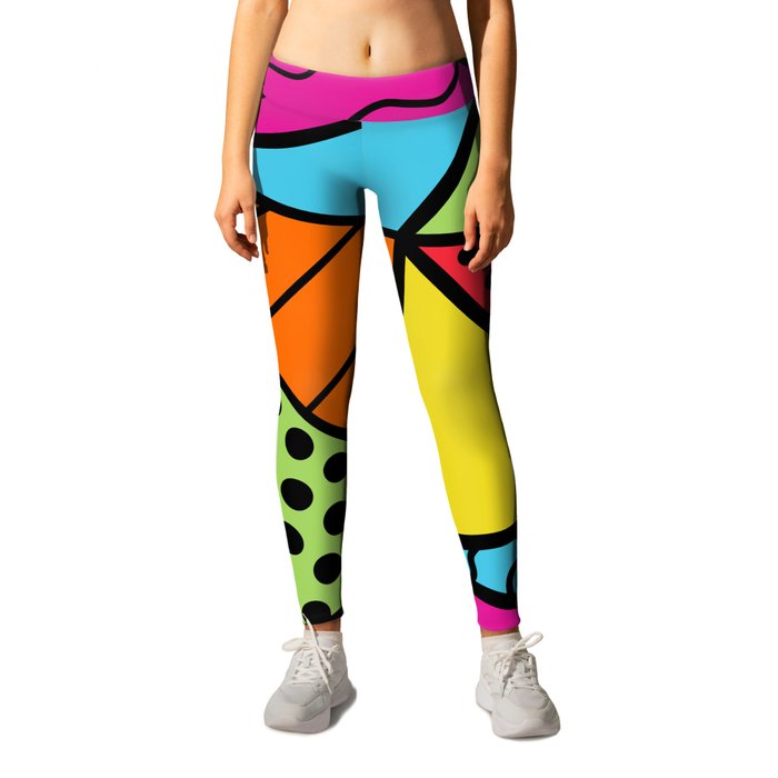 90s Geometric Fashion Pattern Background Triangle Polka Dots Bright Colors  Wavy Lines and Neons Leggings