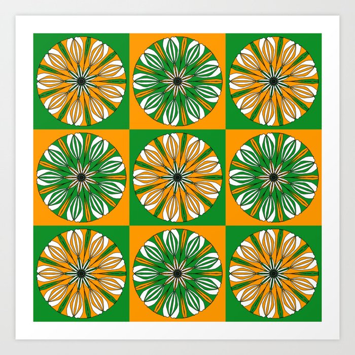 Retro Flowers in Green & Orange Art Print
