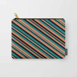 [ Thumbnail: Black, Dark Cyan & Coral Colored Striped Pattern Carry-All Pouch ]