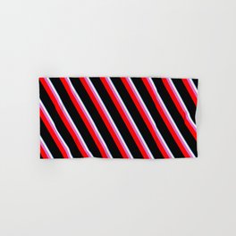 [ Thumbnail: Eyecatching Blue, Beige, Orchid, Red & Black Colored Lines/Stripes Pattern Hand & Bath Towel ]