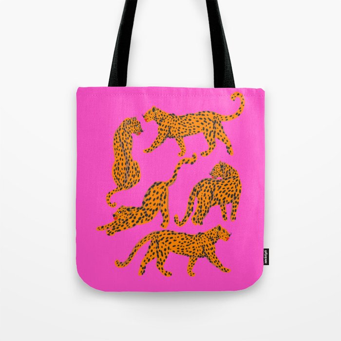 Abstract leopard with red lips illustration in fuchsia background  Tote Bag