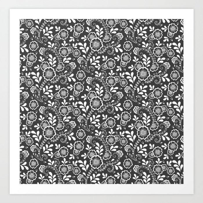 Dark Grey And White Eastern Floral Pattern Art Print