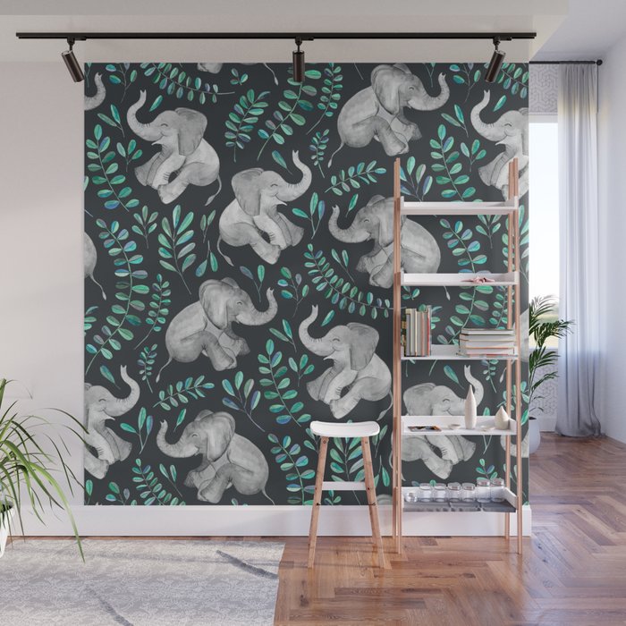 Laughing Baby Elephants – emerald and turquoise Wall Mural