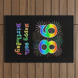 [ Thumbnail: 98th Birthday - Fun Rainbow Spectrum Gradient Pattern Text, Bursting Fireworks Inspired Background Outdoor Rug ]
