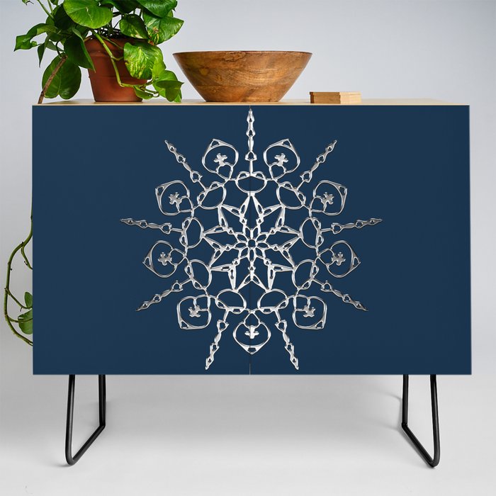 Silver Snowflake dark blue background Credenza