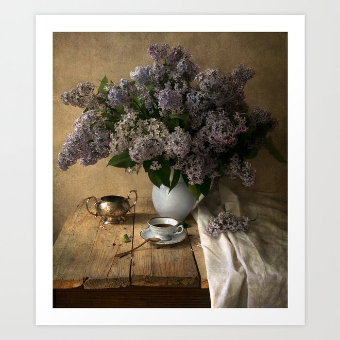 Still life with bouquet of fresh lilacs Art Print