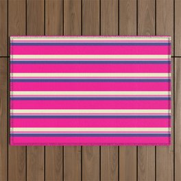 [ Thumbnail: Colorful Dark Slate Blue, Deep Pink, Light Yellow, Hot Pink & Light Blue Colored Lined Pattern Outdoor Rug ]