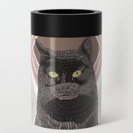Black cat sitting on a modern dusty pink geometric pattern background Can Cooler