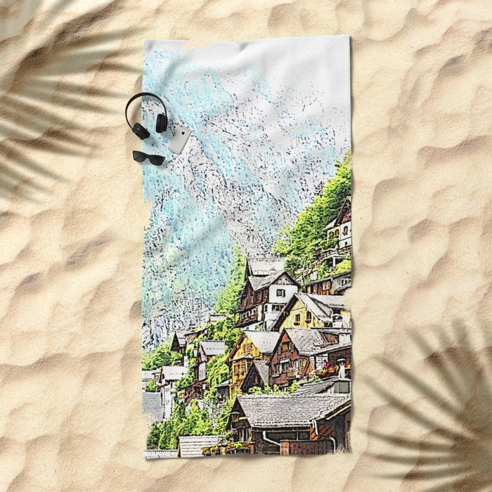 Austria Drawing Hallstatt Beach Towel By Jamcolorsspecial Society6