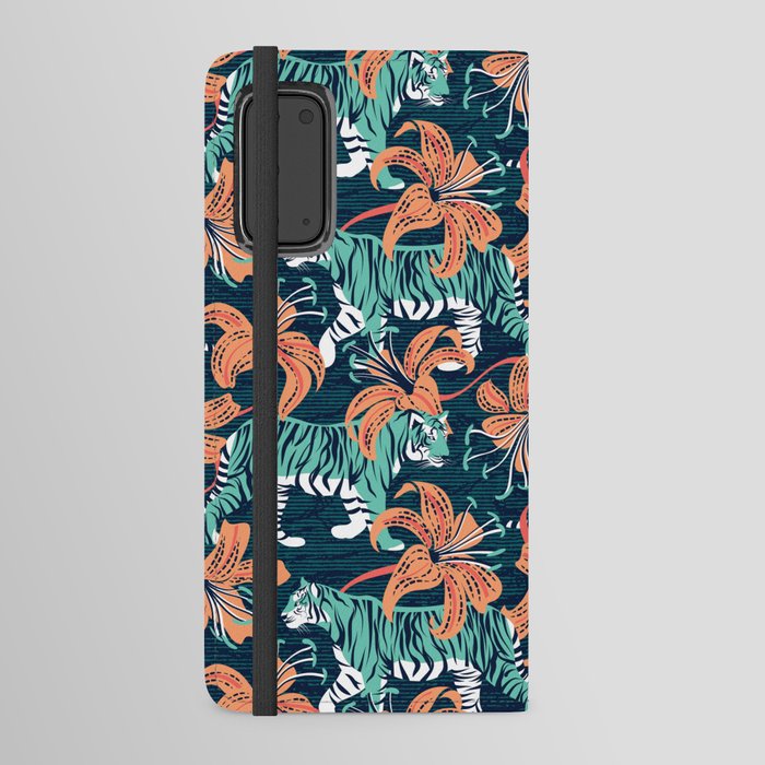 Tigers in a tiger lily garden // textured navy blue background spearmint green wild animals papaya orange flowers Android Wallet Case