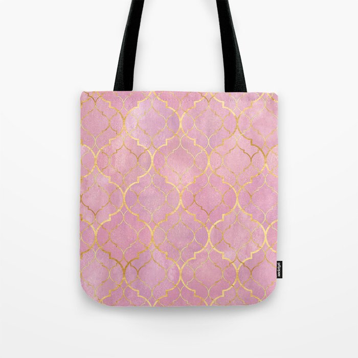 Golden Blush Pink Moroccan Quatrefoil Pattern Tote Bag