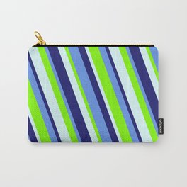 [ Thumbnail: Cornflower Blue, Chartreuse, Light Cyan, and Midnight Blue Colored Lined Pattern Carry-All Pouch ]