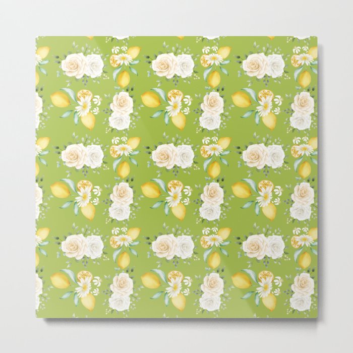 Lemons and White Flowers Pattern On Light Green Background Metal Print