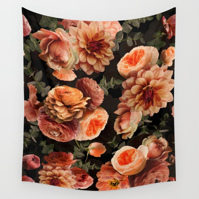 Vintage & Shabby Chic- Real Peach Fall FLowers Lush Midnight Botanical Garden Wall Tapestry