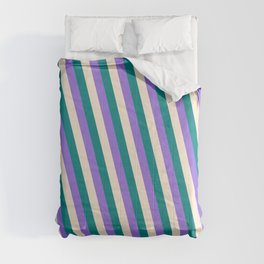 [ Thumbnail: Teal, Purple, and Beige Colored Striped Pattern Comforter ]