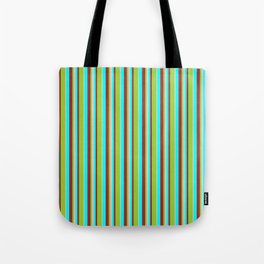 [ Thumbnail: Aqua, Brown, Green & Light Grey Colored Striped Pattern Tote Bag ]