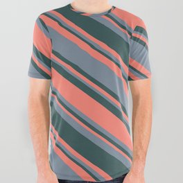 [ Thumbnail: Dark Slate Gray, Salmon & Light Slate Gray Colored Stripes/Lines Pattern All Over Graphic Tee ]