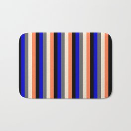 [ Thumbnail: Vibrant Dim Gray, Beige, Coral, Black & Blue Colored Stripes Pattern Bath Mat ]