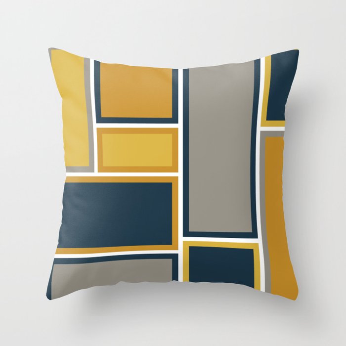 Modular Midcentury Modern Geometric Pattern in Navy Blue, Mustard, Grey, and White Throw Pillow
