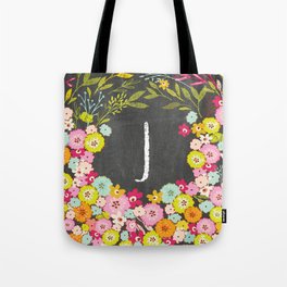 J botanical monogram. Letter initial with colorful flowers on a chalkboard background Tote Bag