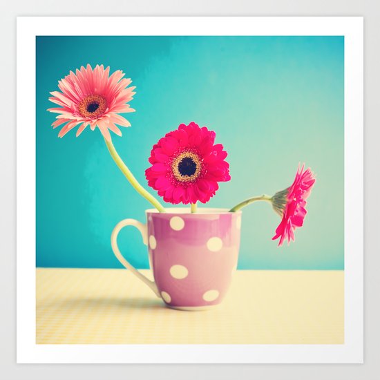 Pink Flowers Gerbers on Blue Art Print
