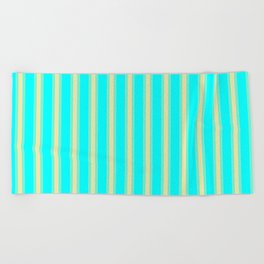 [ Thumbnail: Aqua and Pale Goldenrod Colored Lined Pattern Beach Towel ]