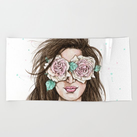 white roses in their eyes (female version) Beach Towel