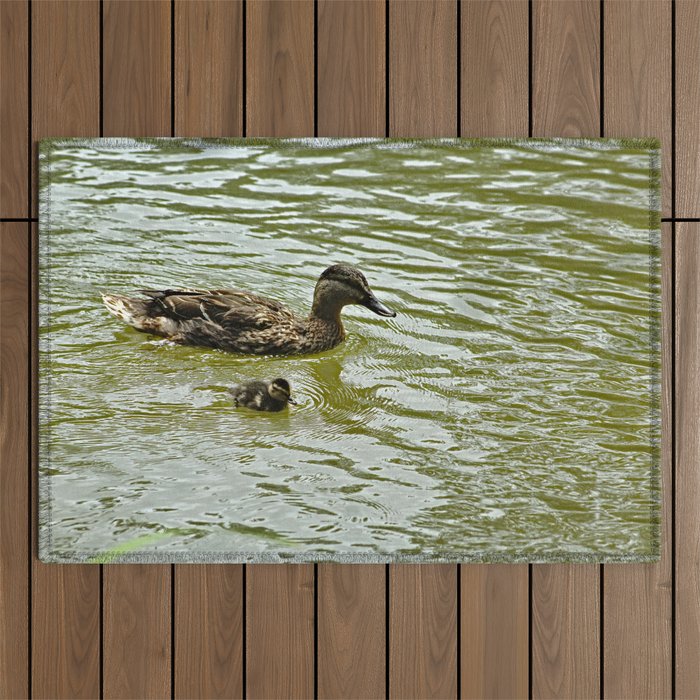Mallard Duck Mother and Duckling Swimming Family Outdoor Rug