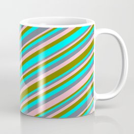 [ Thumbnail: Cyan, Slate Gray, Pink & Green Colored Lines Pattern Coffee Mug ]