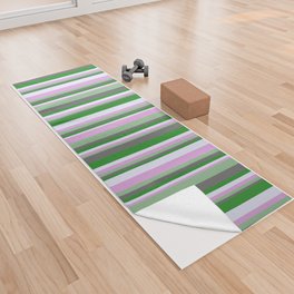 [ Thumbnail: Vibrant Forest Green, Dim Grey, Dark Sea Green, Plum, and Lavender Colored Lined/Striped Pattern Yoga Towel ]