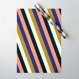 [ Thumbnail: Colorful Dark Salmon, Midnight Blue, Dark Goldenrod, Light Cyan & Black Colored Pattern of Stripes Wrapping Paper ]