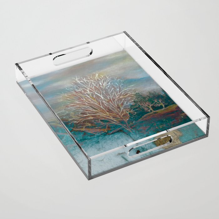 Winter leafles tree in the blue emerald forest Acrylic Tray