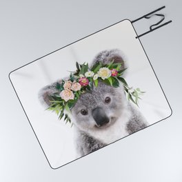 Baby Koala with Flower Crown, Baby Girl, Kids Art, Baby Animals Art Print by Synplus Picnic Blanket