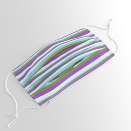 [ Thumbnail: Sky Blue, Green, Dark Orchid, and Light Cyan Colored Striped Pattern Face Mask ]
