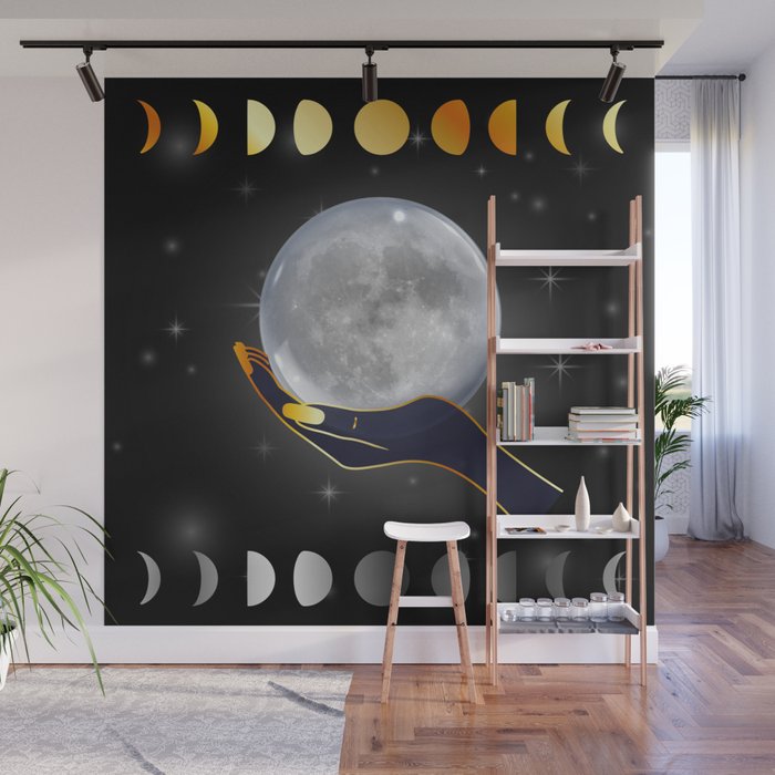 Graceful Hands holding the full moon on a starry night with moon phases Wall Mural
