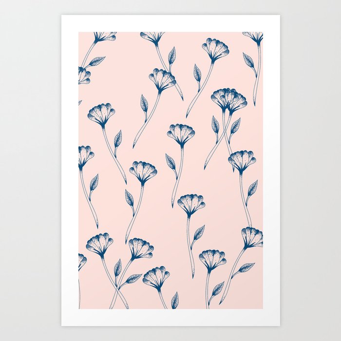 Minimal flower field wallpaper, tattoo style in bue and pink Art Print