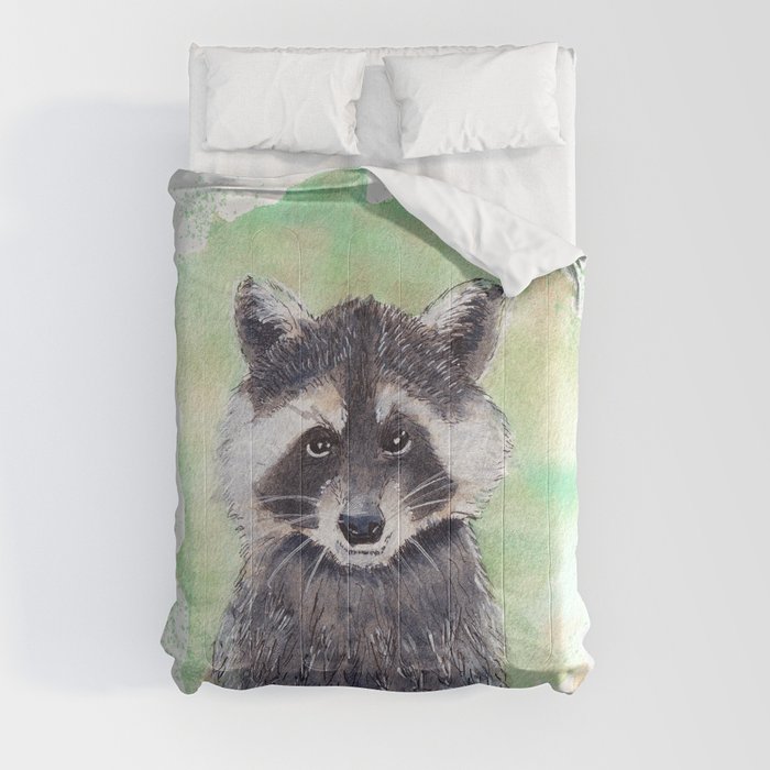 Raccoon Portrait Watercolor - White Background Comforter