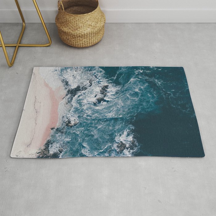 Beach Print - Aerial Ocean - Pink Sand with Words Love - Crashing Waves - Sea - Travel photography Rug