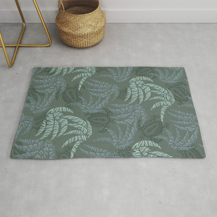 Hawaiian Emerald Turtles and Palm Leaves Pattern Rug