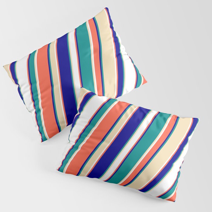 Red, Dark Blue, Dark Cyan, Tan & White Colored Lined/Striped Pattern Pillow Sham