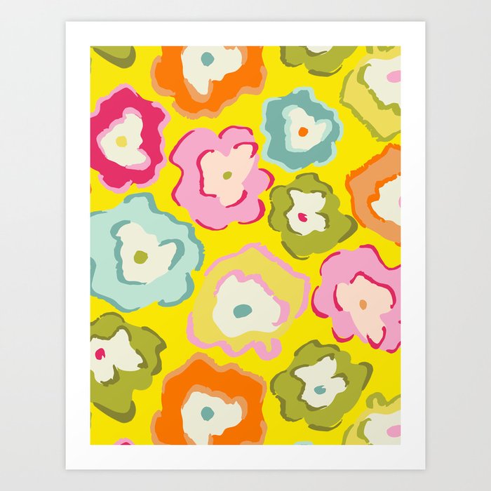 Abstract Colorful Matisse Summer Flowers On Shiny Sunny Yellow Art Print