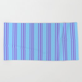 [ Thumbnail: Purple & Light Sky Blue Colored Pattern of Stripes Beach Towel ]