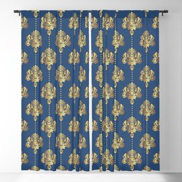 Gold damask flowers and pearls on blue background Blackout Curtain