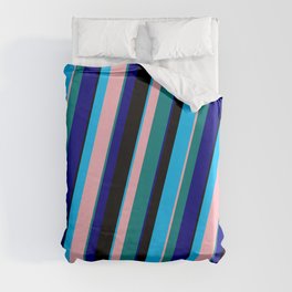 [ Thumbnail: Colorful Deep Sky Blue, Light Pink, Teal, Blue & Black Colored Lined Pattern Duvet Cover ]